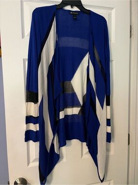 INC International Concepts Royal Blue, White & Black Open-Front Draped Cardigan